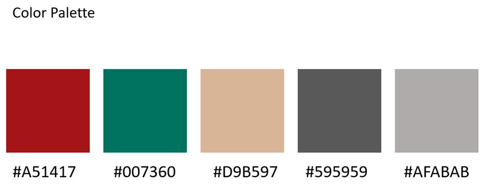 Style guide color palette: red, teal, tan, dark gray and light gray