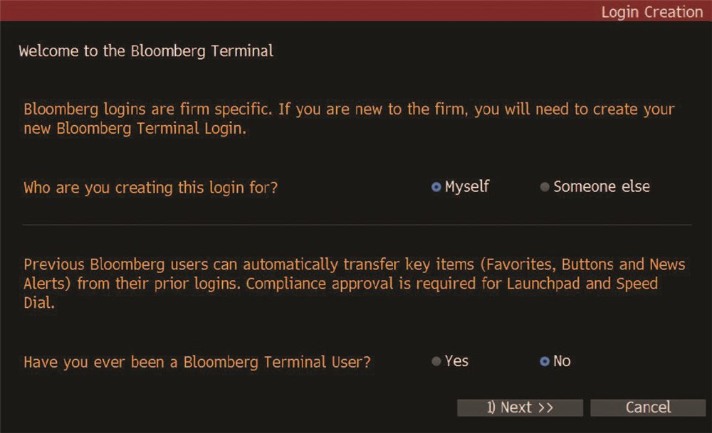 Simulated Login Creation screen: Welcome to the Bloomberg Terminal, asking who the login is for and whether the user has used a terminal before