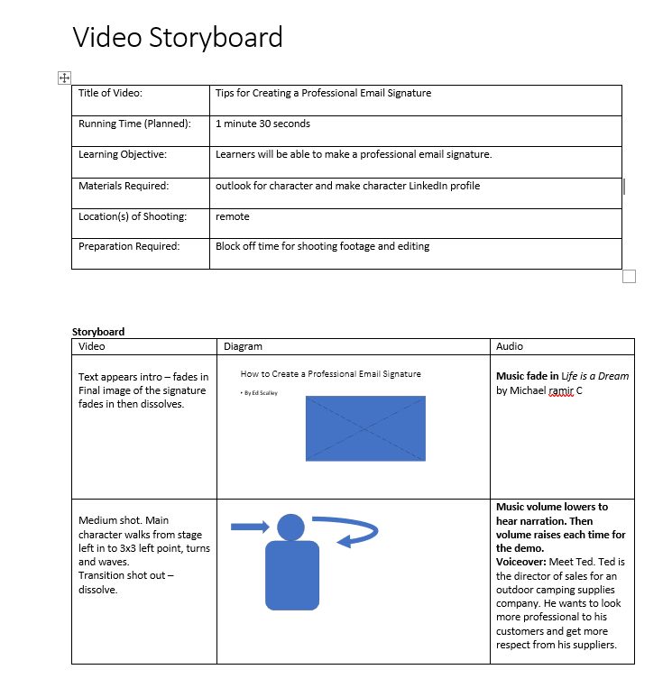 Storyboard page with screen layouts and on-screen text notes
