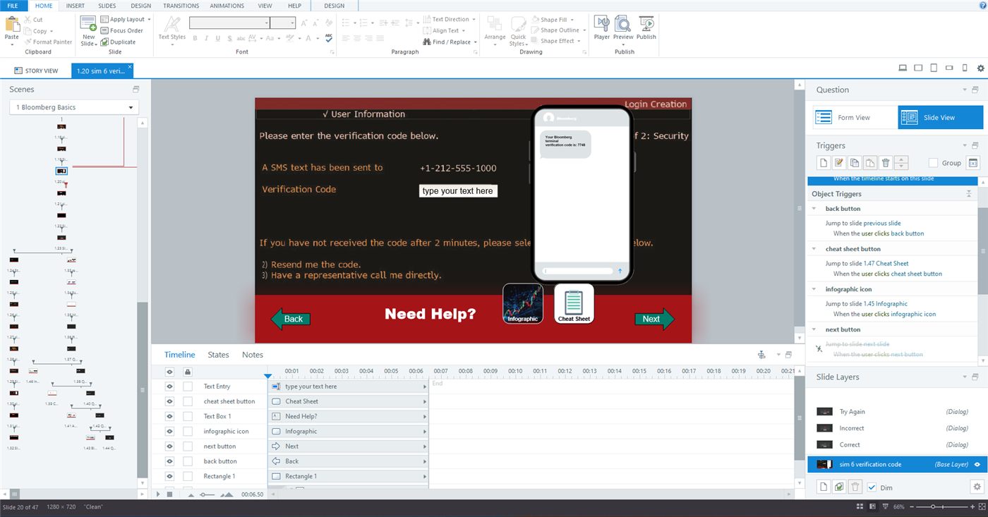 The course open in Articulate Storyline 360 with slide and trigger panels